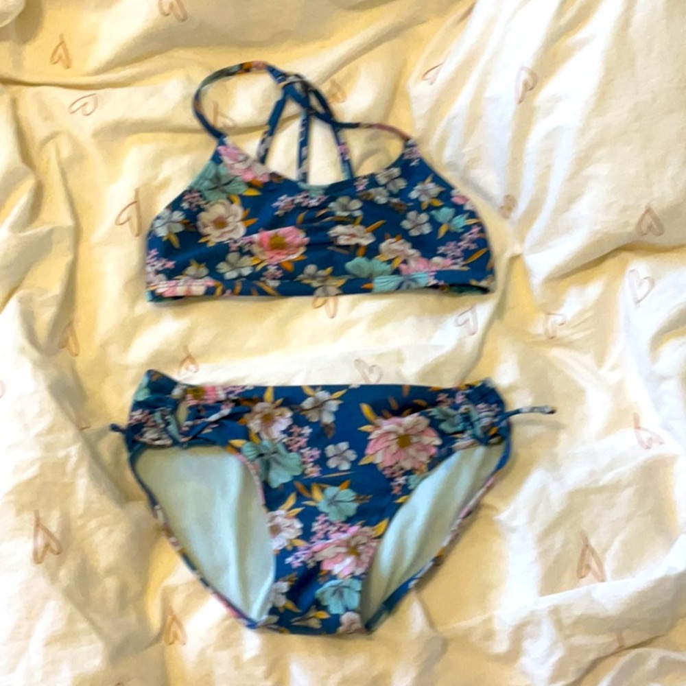 Girls preppy, blue floral swimsuit